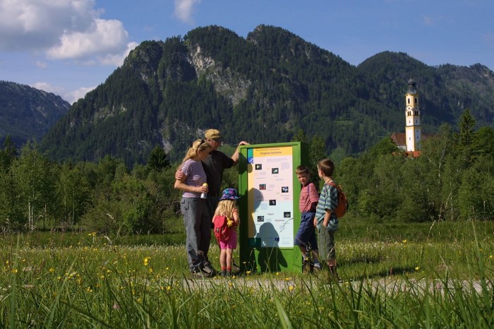 Die Panoramatafel am Moor- und Streuwiesenpfad in Pfronten-Ried erläutert den Gästen die umliegenden Gipfel. Zudem kann von einem kleinen Aussichtsturm das ganze Moor und das Bergpanorama bewundert werden.
